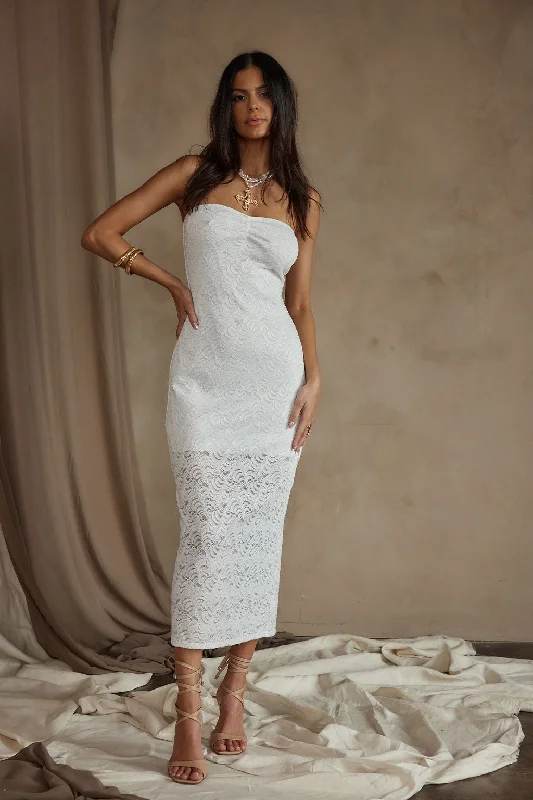 Reagan Strapless White Lace Midi Dress