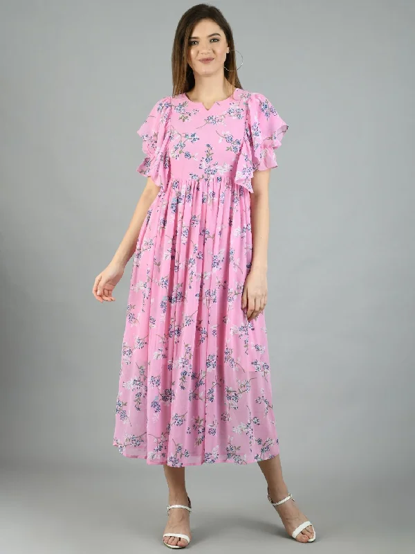 Women's Pink Georgette Printed Half Sleeve Round Neck Casual Dress - Myshka