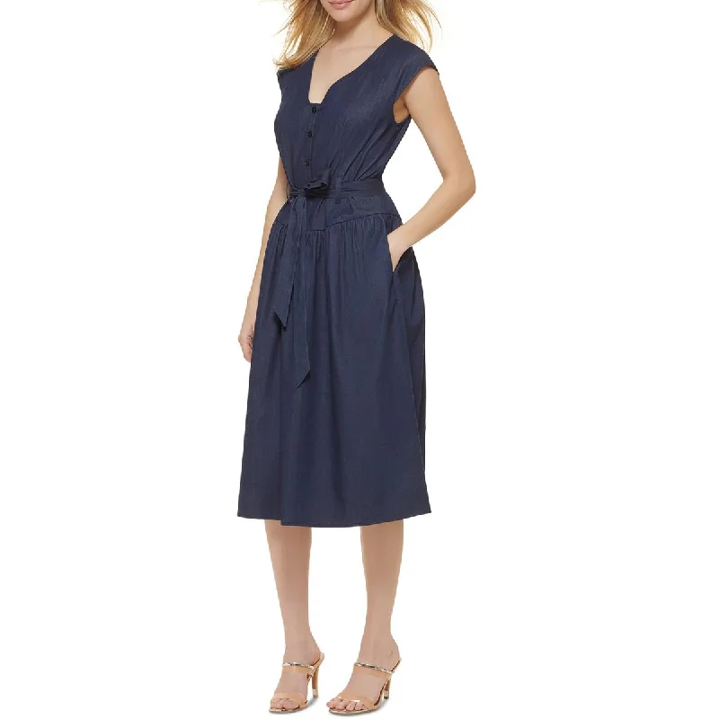 DKNY Womens Half-button Belted Midi Dress