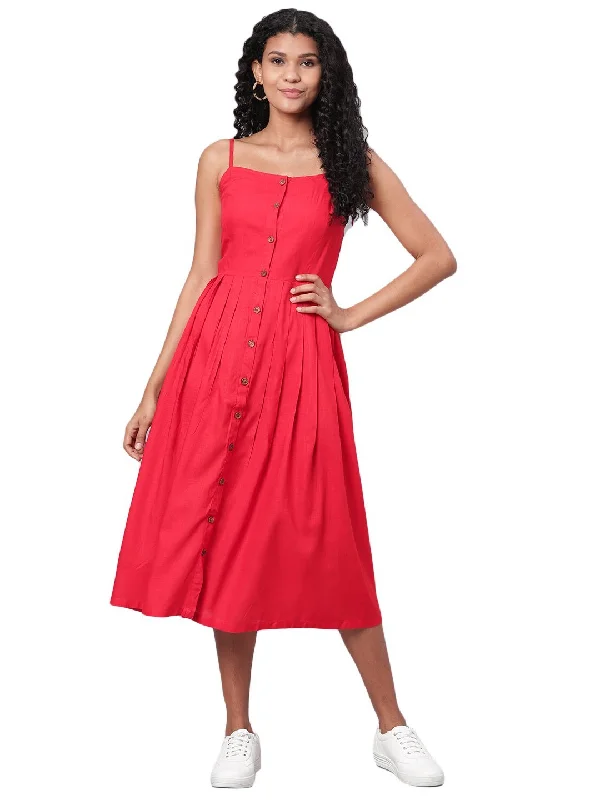 Women's Red Printed Sleeveless Cotton Slub Streps Neck Casual Dress - Myshka