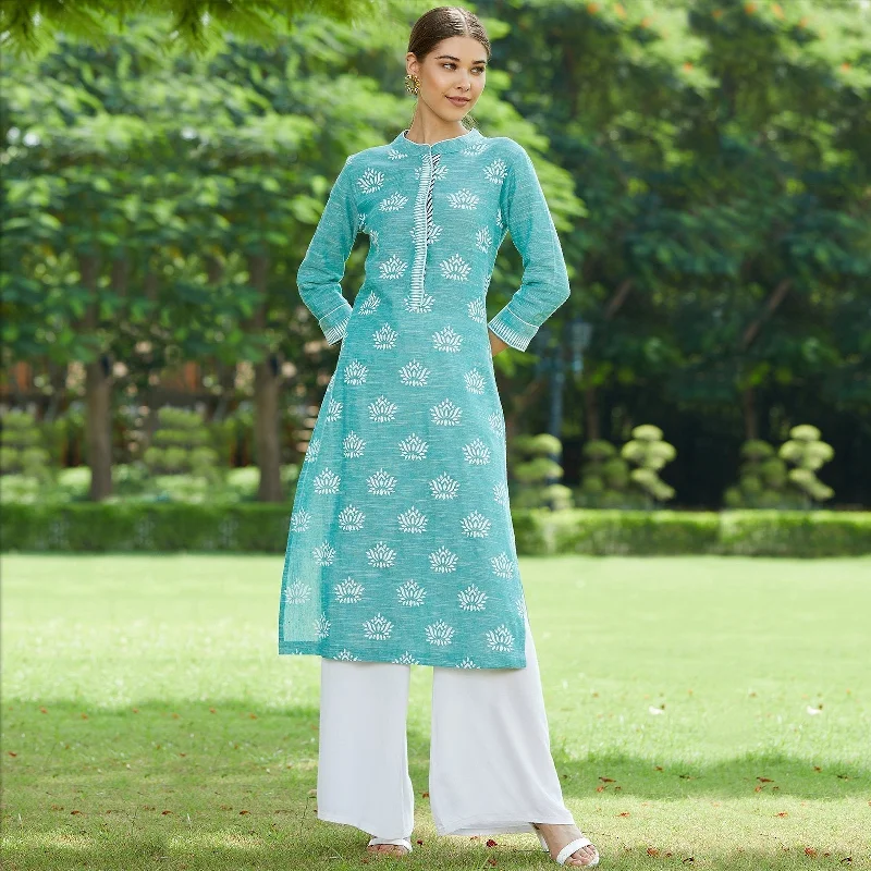 Women's Green Lotus Printed Chambray Kurta - Pannkh