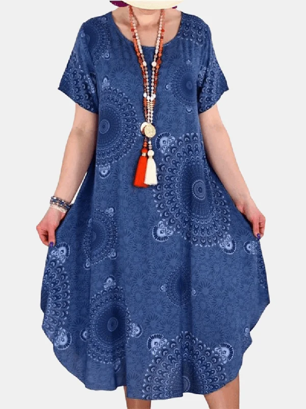 Women Tribal Print round Neck Short Sleeve Vintage Dresses