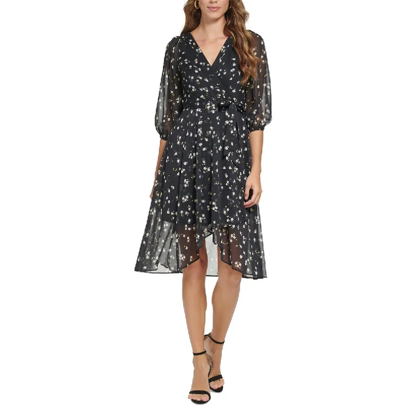 DKNY Womens Petites Floral Hi-Low Midi Dress