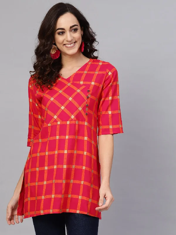 Women's Magenta & Orange Checked Angrakha Kurti - Anubhutee