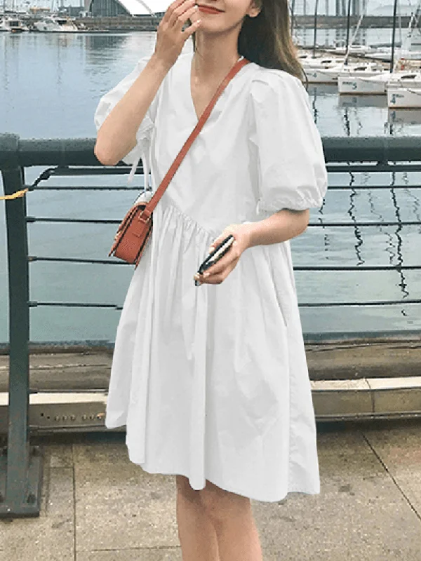 Women Solid Color Puff Sleeve V-Neck Pleats Plain Daily Casual Midi Dress