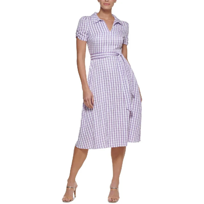 DKNY Womens Gingham Belted Midi Dress