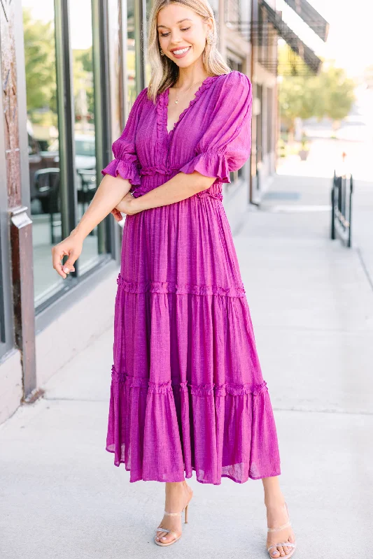 Living In A Dream Magenta Purple Ruffled Midi Dress