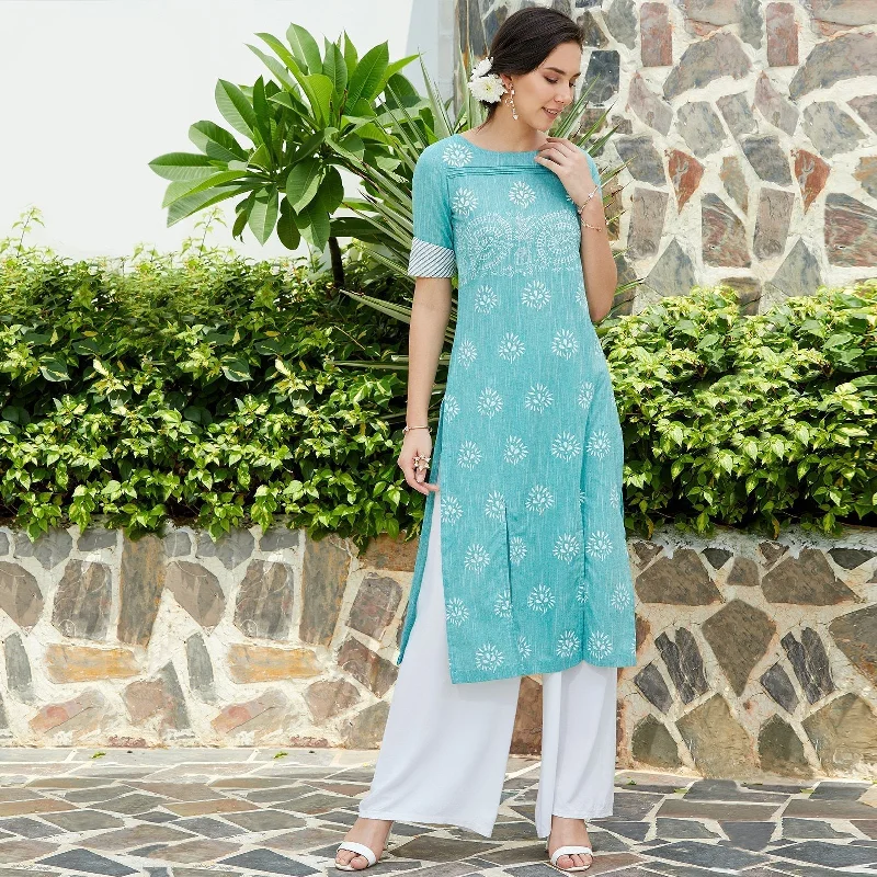 Women's Green Pintucks Printed Chambray Kurta - Pannkh