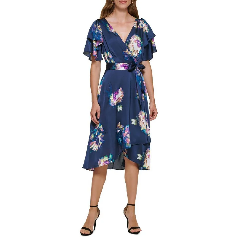 DKNY Womens Floral Faux Wrap Midi Dress