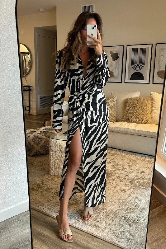 Renna Zebra Long Sleeve Wrap Midi Dress