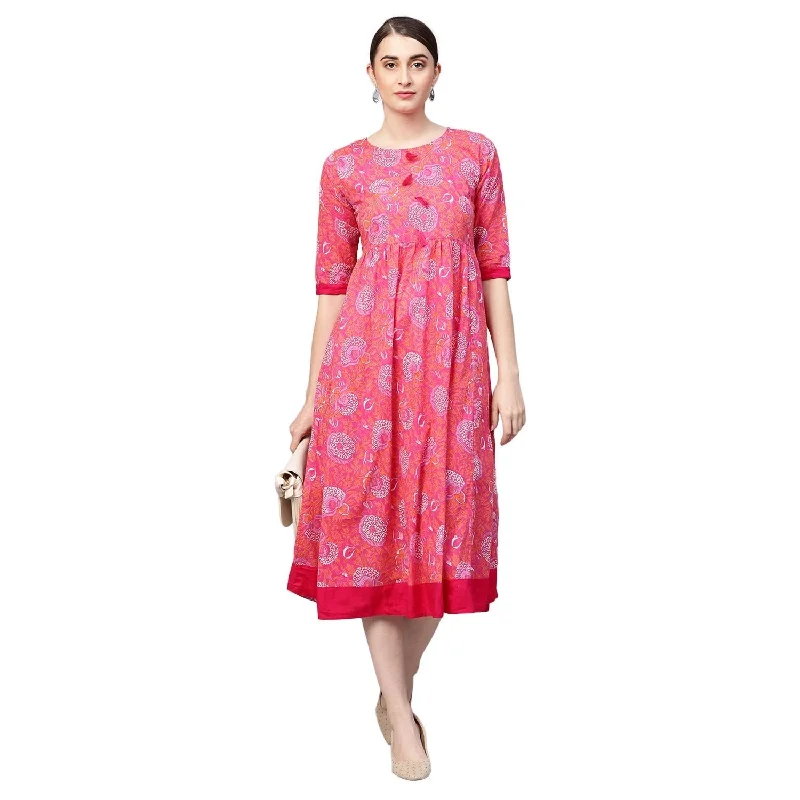 Women Pink Cotton Printed Dress by Myshka (1 Pc Set)