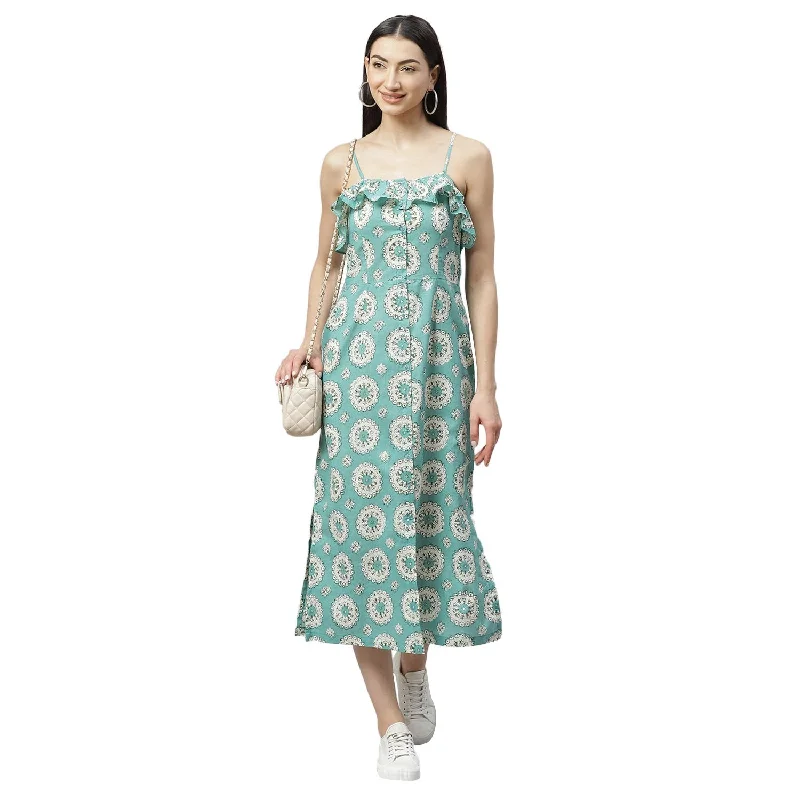 Women's Blue Cotton Printed Sleeveless Srep Neck Casual Dress - Myshka