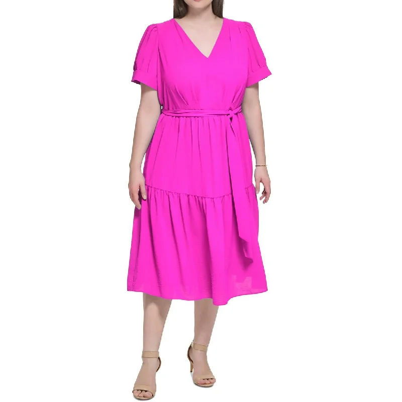 DKNY Womens Plus Tiered  Midi Dress