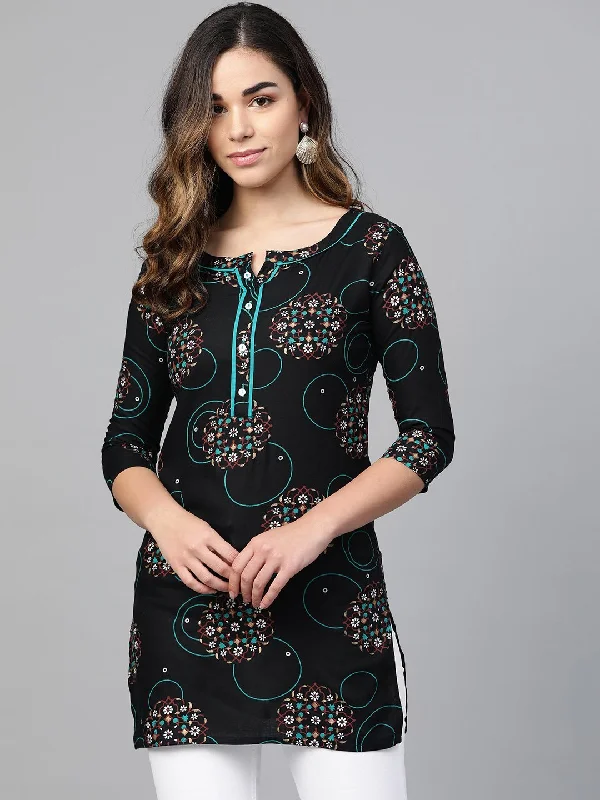 Women's Black & Blue Printed Straight Kurti - Anubhutee