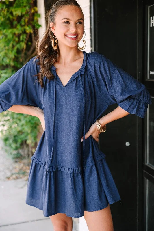 Always In The Lead Navy Blue Linen Dress