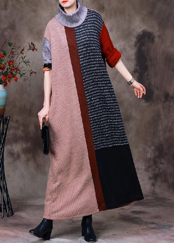 Vintage Turtleneck Striped Patchwork Knit Long Sweater Dress Long Sleeve