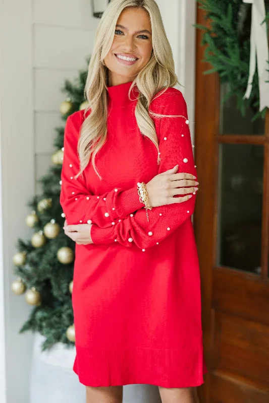 All The Love Red Embellished Sweater Dress