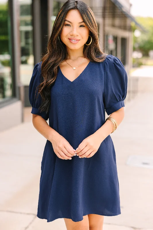 At First Sight Navy Blue Puff Sleeve Dress