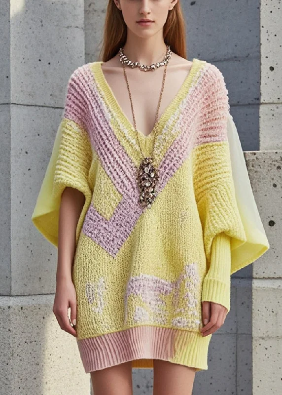 Women Yellow Asymmetrical Patchwork Long Knit Dress Fall