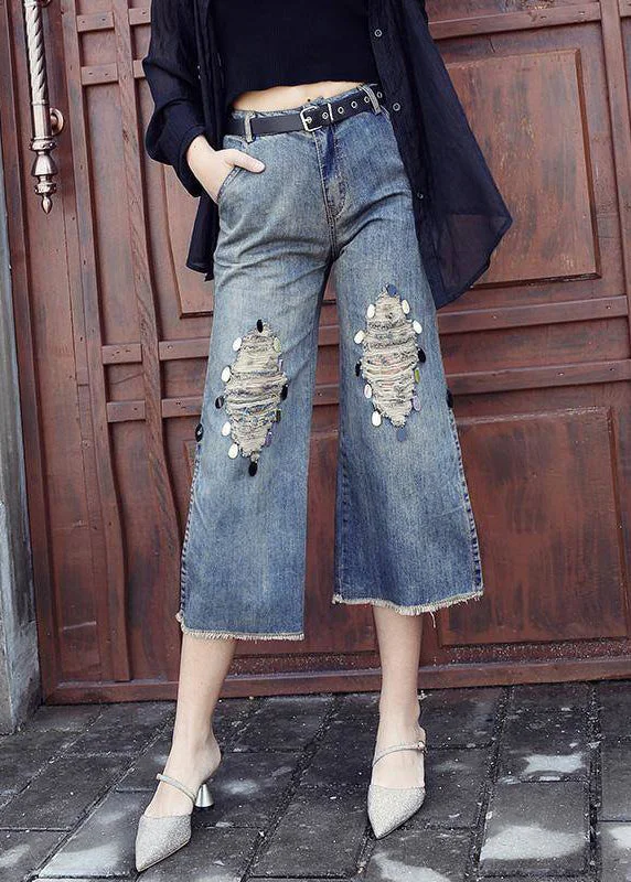 Style Blue High Waist Pockets Side Open Sequins Cotton Denim Crop Pants Summer