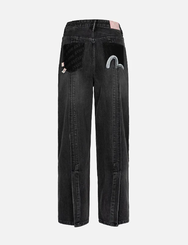 Seagull Embroidery with Logo-pattern Pocket Wide-leg Denim Jeans