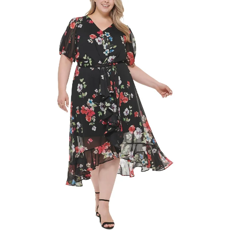 DKNY Womens Plus Chiffon Floral Maxi Dress