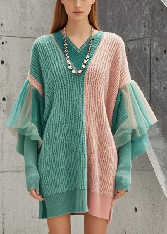 Style Colorblock Oversized Patchwork Side Open Tulle Sweater Dress Fall