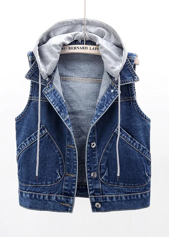 Navy Patchwork Button Hooded Denim Waistcoat Sleeveless