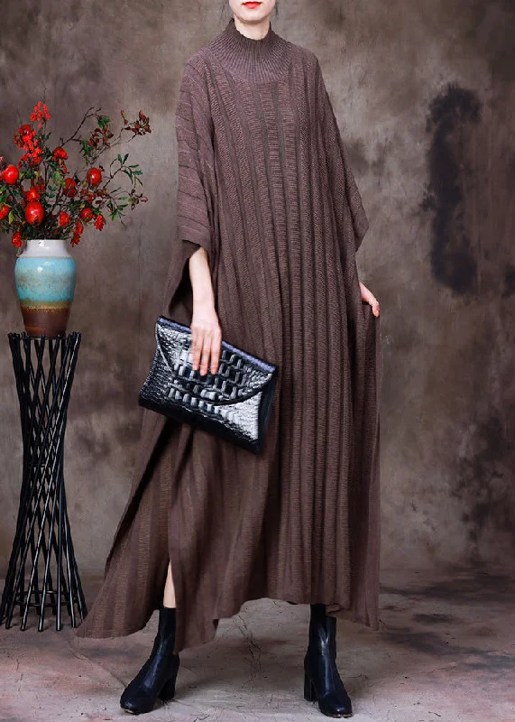 Classy Light Chocolate Turtleneck Knit Maxi Sweaters Dress Long Sleeve