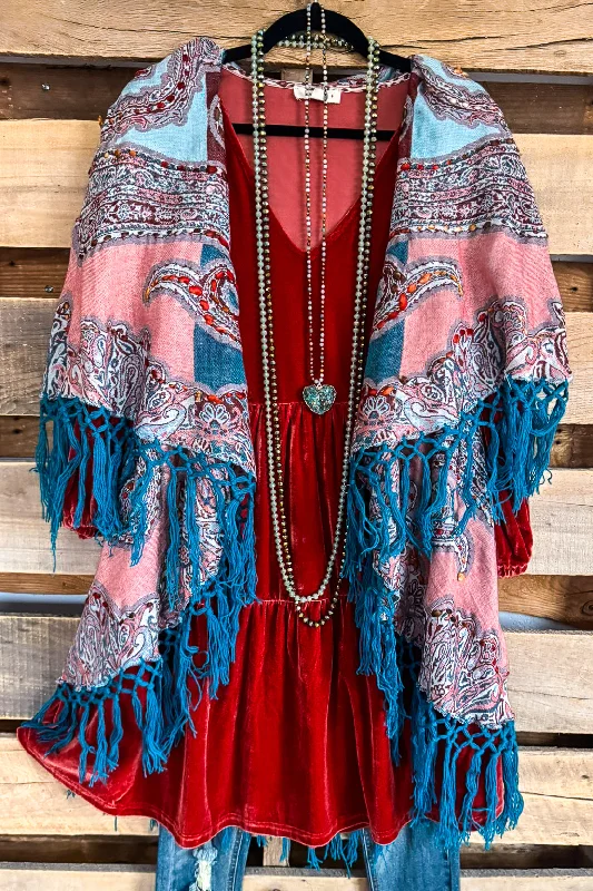 Stay Right There Embroidered Poncho Vest - Teal