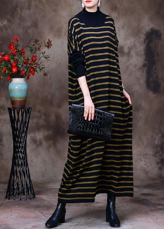 French Black Yellow Striped Turtle Neck Knit Long Dress Batwing Sleeve