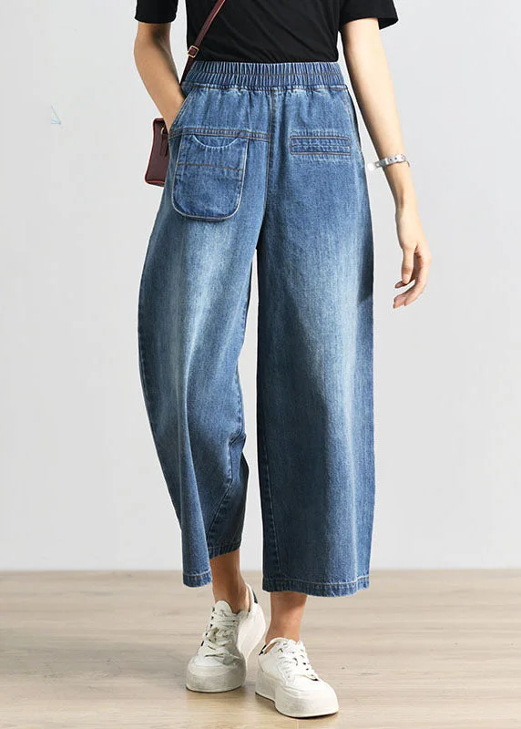 Plus Size Denim Blue Elastic Waist Pockets Cotton Wide Leg Crop Pants Summer