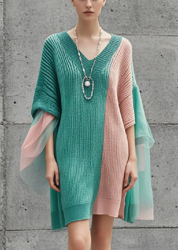 Women Colorblock Asymmetrical Patchwork Knit Sweater Dress Fall