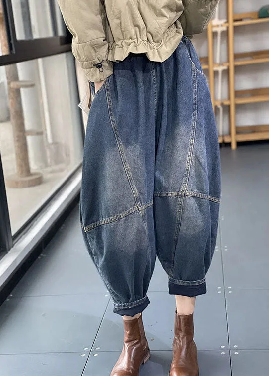 Streetwear Blue Elastic Waist Pockets Patchwork Cotton Denim Loose Harem Pants Summer