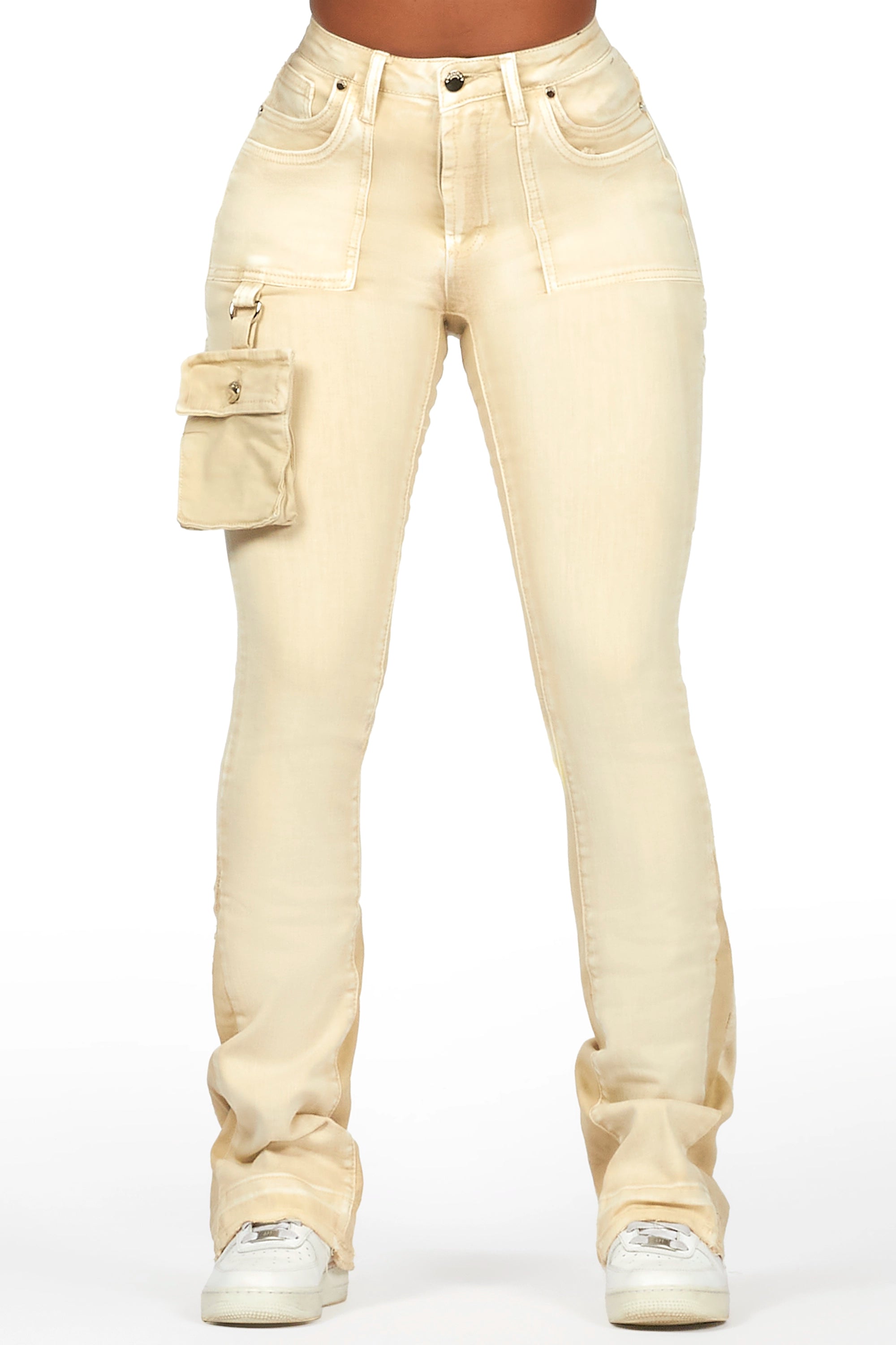 Galexus Beige Stacked Flare Jean