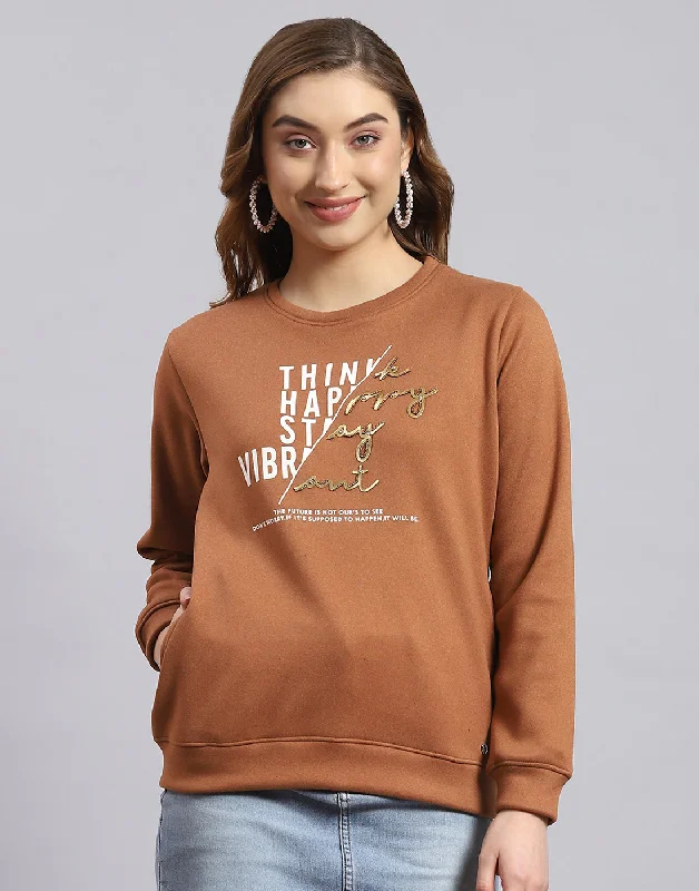 Women Brown Printed Round Neck Full Sleeve Sweatshirt