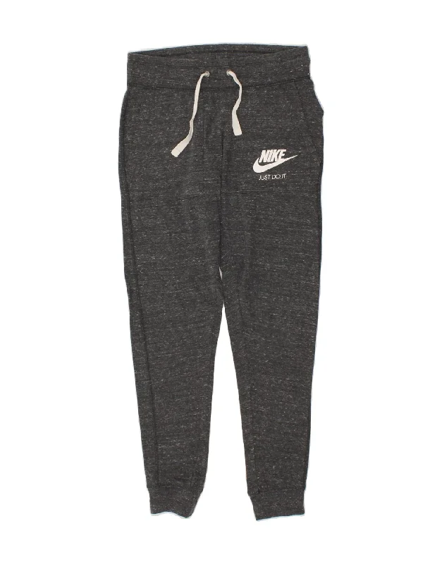 NIKE Womens Graphic Tracksuit Trousers Joggers UK 6 XS Grey Flecked Cotton