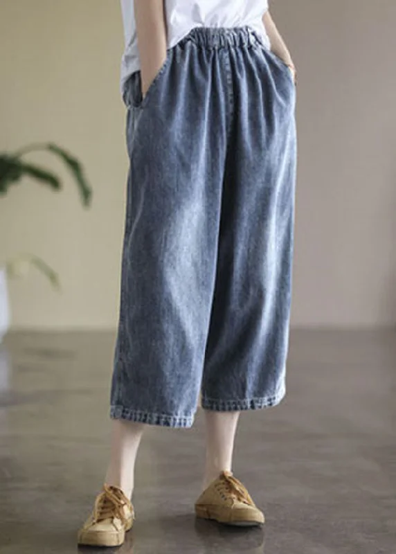 Baggy Light Blue Elastic Waist Pockets Denim Cotton Wide Leg Pants Summer