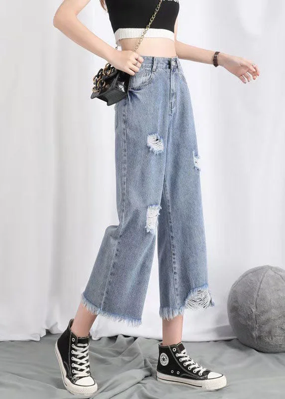 Simple Light Blue High Waist Hole Pockets Cotton Denim Straight Pants Summer