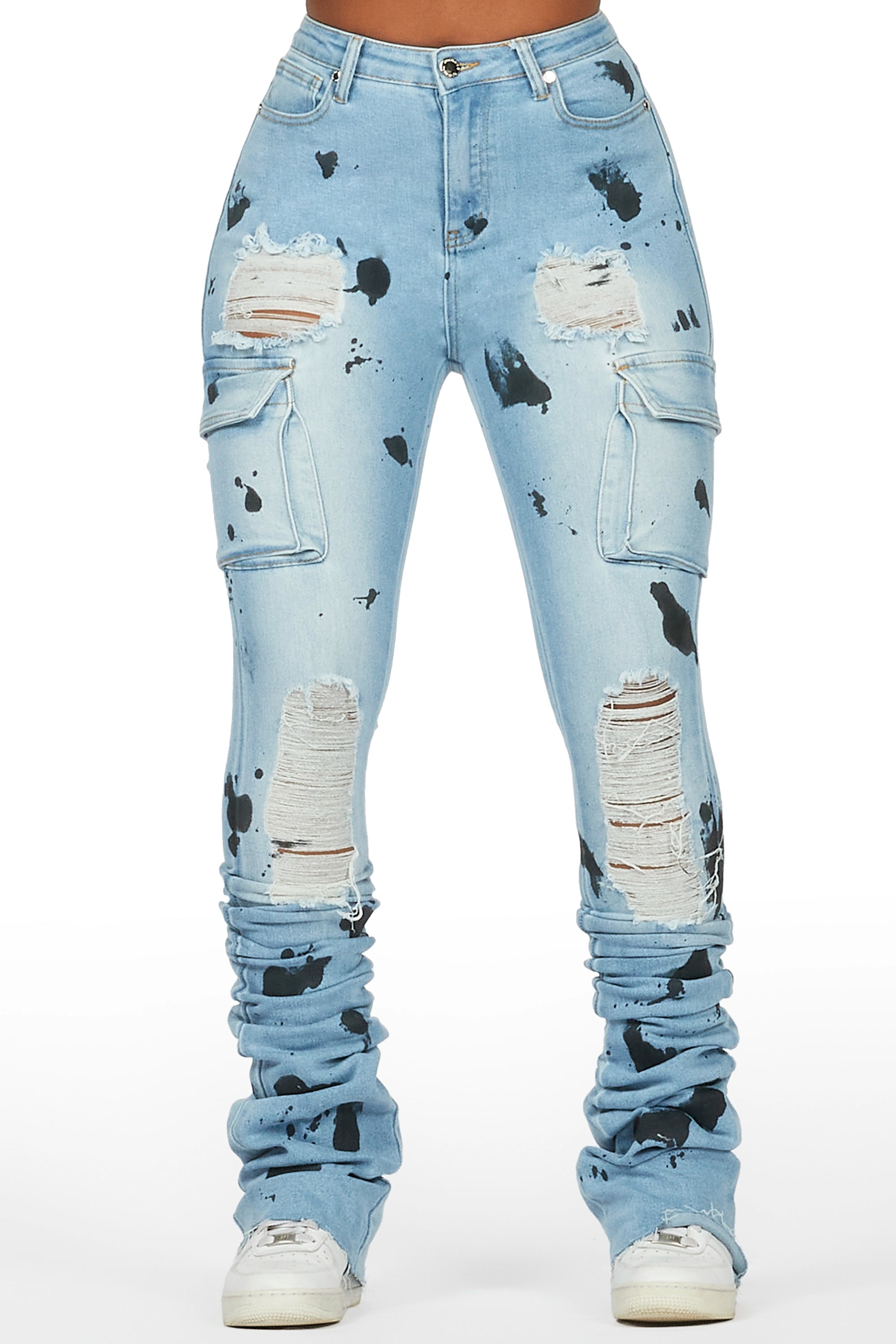 Tersenis Light Wash Painted Cargo Super Stacked Jean