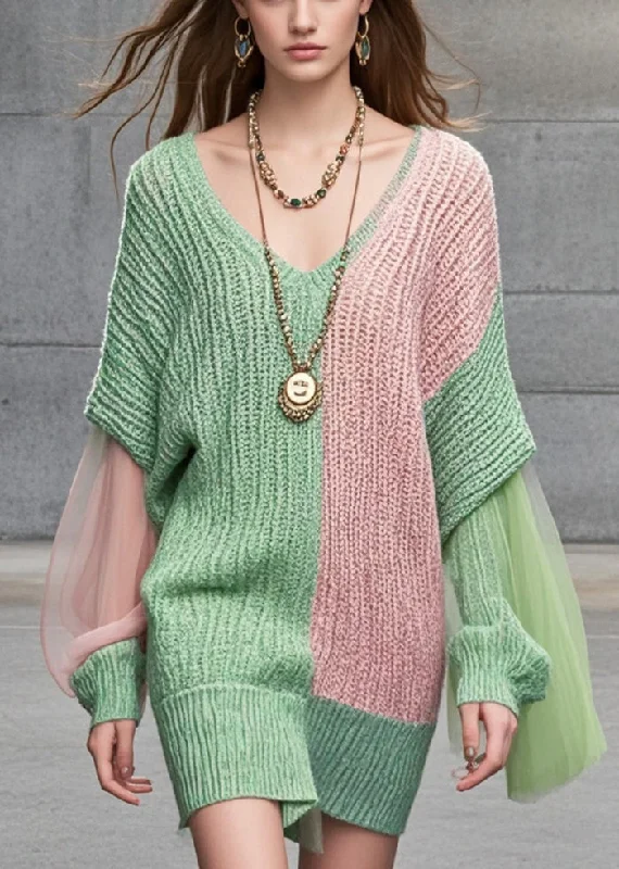 Unique Colorblock Asymmetrical Patchwork Tulle Long Sweater Batwing Sleeve