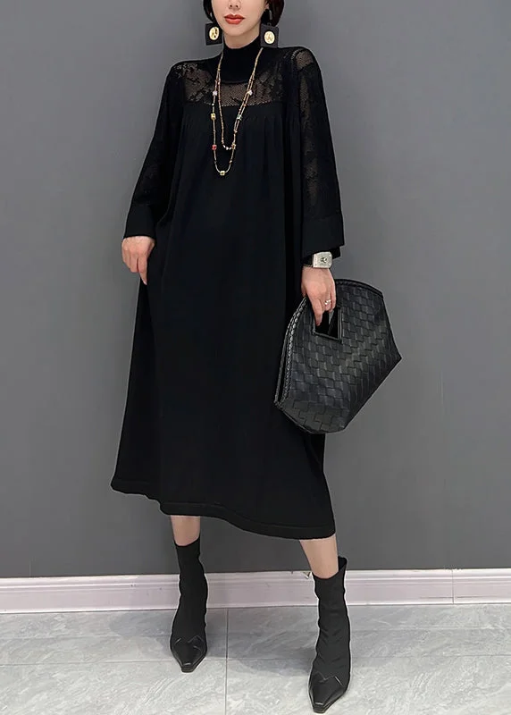 Black Turtleneck Hollow Out Knit Maxi Dress Fall