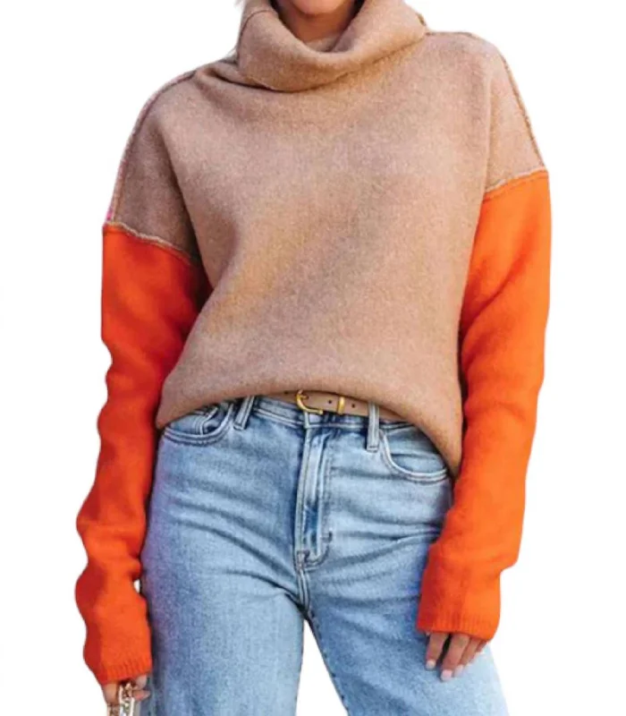 Color Block Turtleneck Sweater In Pink/orange