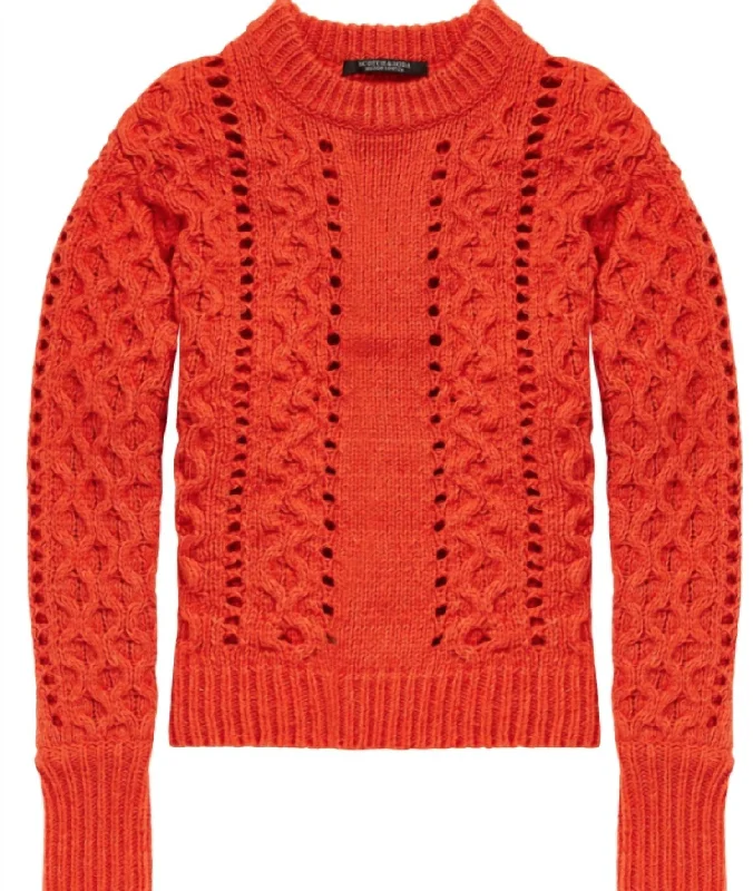 Crew Neck W/ Cable Stitches In Orange