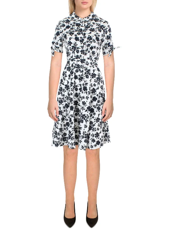 Petites Womens Floral Print Knee-Length Shirtdress