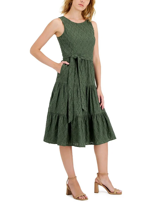 Womens Belted Calf Midi Dress