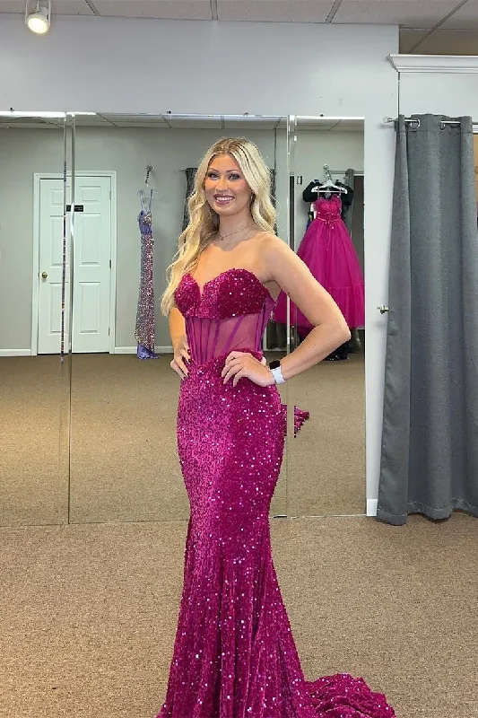 Fuchsia Sweetheart Sequin Mermaid Long Prom Dress, DP2014