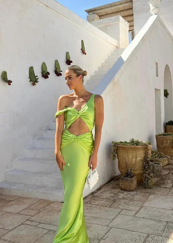 Green V Neck Satin Long Party Dress Wedding Guest Dress, DP2018