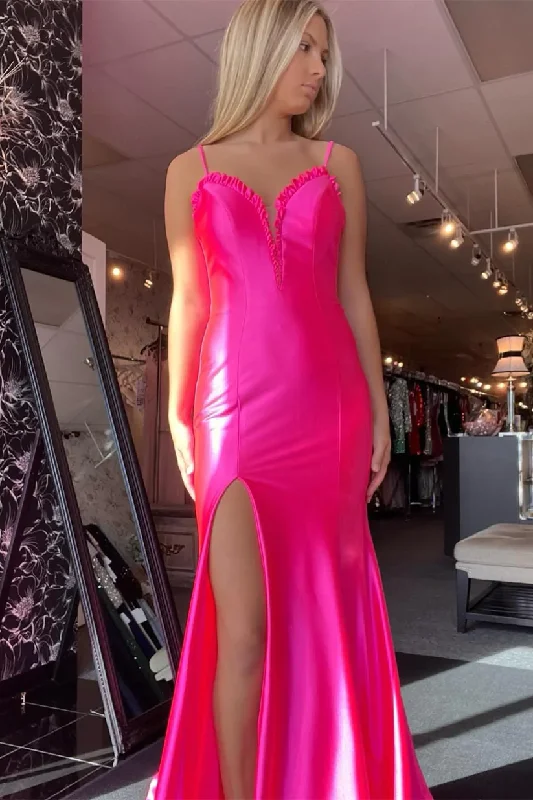 Hot Pink Satin Mermaid Long Prom Dress with Slit, DP2016