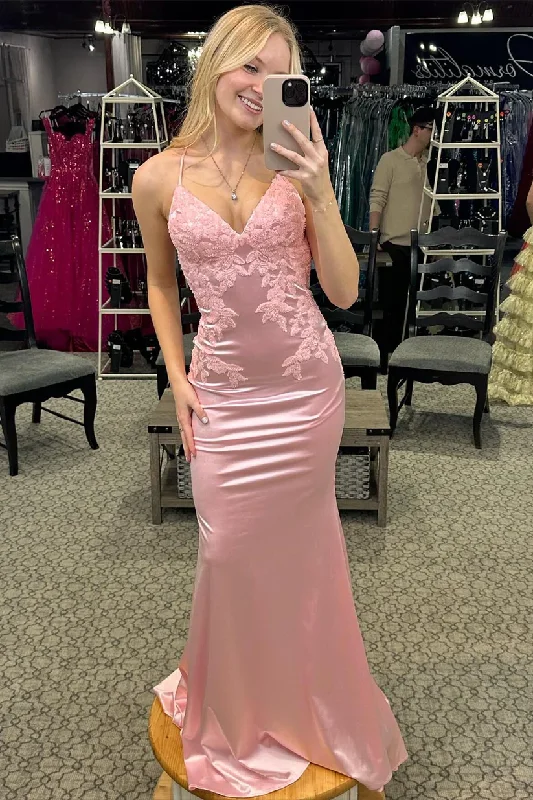 Pink Straps Appliques Mermaid Formal Long Party Dress, DP2010